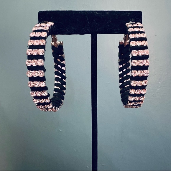 Vintage 90s Suede and Rhinestone Statement Hoop Earrings - Picture 1 of 9